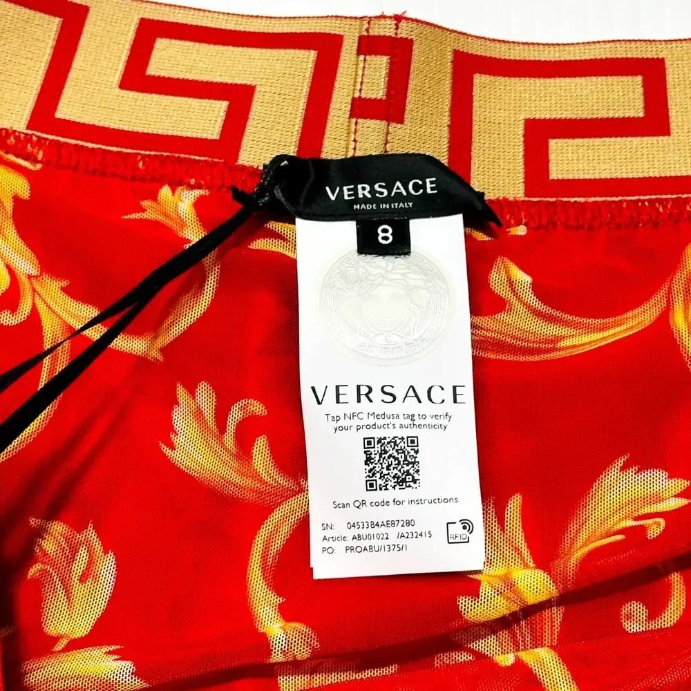 NWT Versace Greca Border Swim Shorts IT 8 US 2XL Red Medusa Logo Elastic Waist